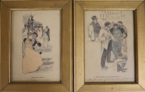 T. Steinlen, six lithographs / engravings, Humourous scenes, largest 29 x 23cm